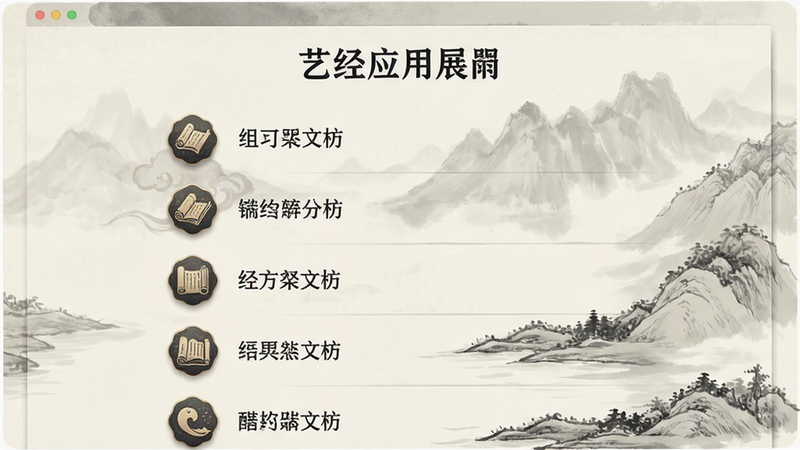 艺经应用界面展示分类清晰的经典文献列表,图标设计具有传统韵味,文字排版整齐,背景为淡雅的水墨风格,高清,干净,无多余元素