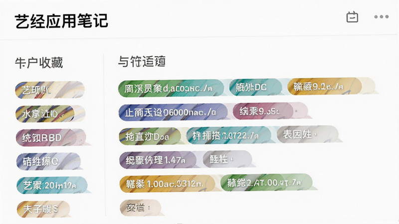 艺经应用笔记界面,显示用户收藏的片段与笔记标签,界面简洁,标签颜色区分明显,背景为白色,文字清晰,高清,干净,无多余元素