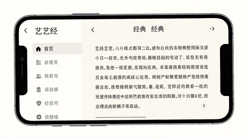 一个现代智能手机屏幕显示艺经应用界面,界面简洁优雅,左侧为导航菜单,右侧为经典文本阅读区域,背景为柔和的米白色,字体清晰易读,整体风格体现传统与现代融合,高清,干净,无多余元素