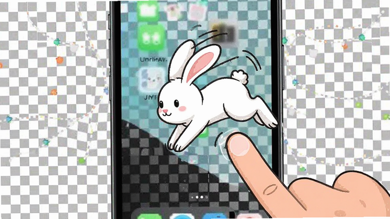 手机桌面宠物 互动场景示意 手指点击卡通兔子导致兔子跳跃动画 背景透明显示手机壁纸 风格现代简约 线条流畅 细节生动 画质高清干净无多余元素