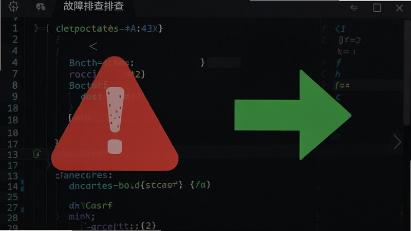 手机桌面宠物 故障排查示意 红色警告图标与绿色修复箭头并列 背景为深色代码编辑器风格 风格严肃专业 细节清晰 画质高清干净无多余元素