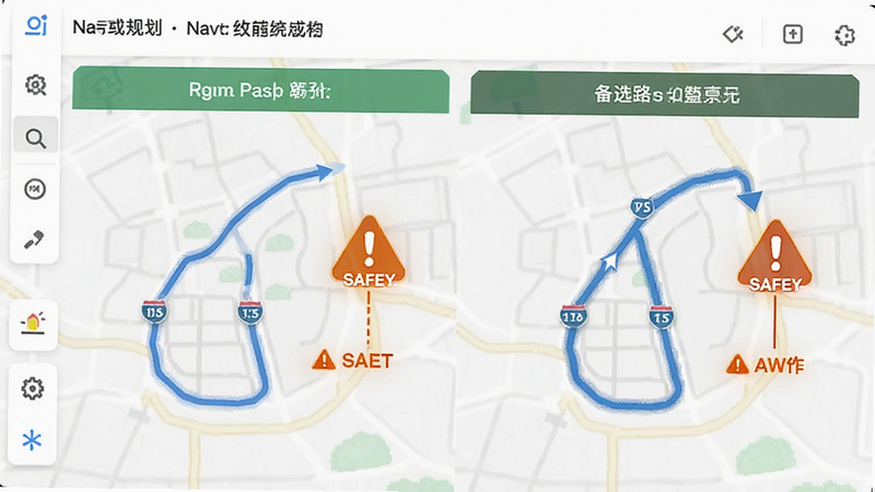 导航路线规划界面,显示最优路径和备选路径对比,突出安全提示图标