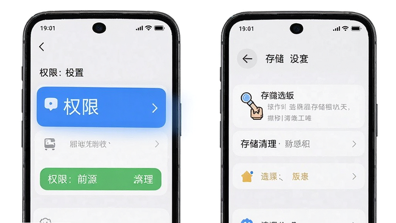 手机设置界面示意,突出权限管理和存储清理选项