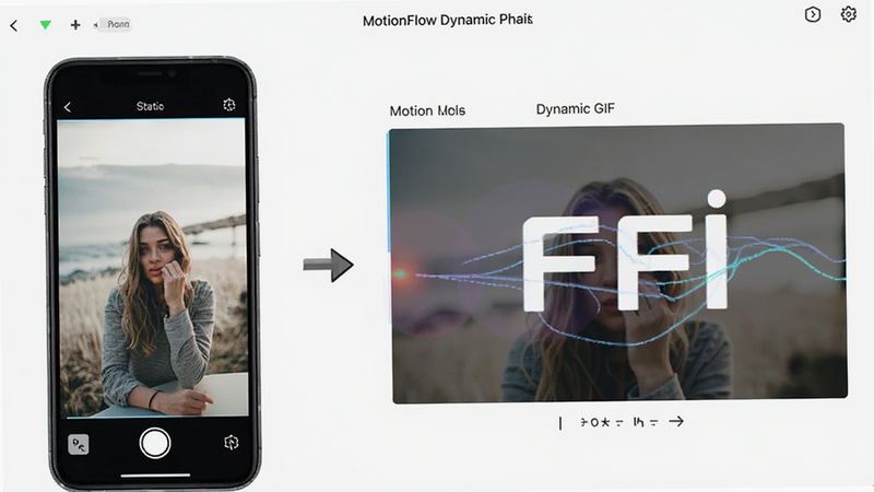 MotionFlow动态照片软件界面预览,展示静态照片转为动态GIF的过程,布局简洁现代,排版清晰,风格扁平化设计,细节包含手机屏幕上的编辑工具栏和动态效果示例,画质高清干净无多余元素