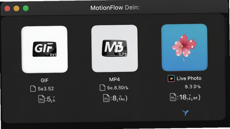 MotionFlow导出格式选择界面,主体为软件导出菜单,布局包含GIF、MP4、Live Photo选项图标,排版整齐,风格极简UI,细节展示不同格式的文件大小预览,画质高清干净无多余元素