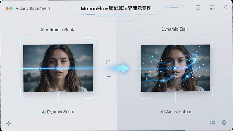 MotionFlow智能算法界面示意图,主体为软件自动识别照片主体并添加动态特效的流程可视化,布局采用左右对比结构,排版简洁,风格科技感强,细节展示AI扫描线条与动态粒子效果,画质高清干净无多余元素