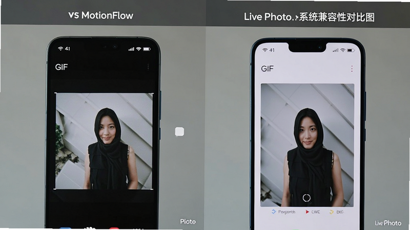 MotionFlow与OPPO系统兼容性对比图,主体为手机屏幕展示两种动态照片格式,布局采用左右分屏,排版简洁,风格科技评测,细节展示GIF与Live Photo的视觉差异,画质高清干净无多余元素