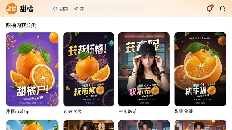甜橘app内容分类界面,显示多种短剧海报,色彩鲜艳,布局整齐