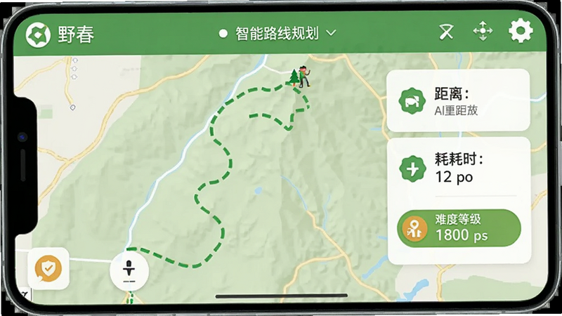 Ұ��APP����·�߹滮���棬��ͼ����ʾһ����ɫ���߱�ǵ�ͽ��·�����Ա��о��롢��ʱ���Ѷȵȼ���ǩ��UI���������Ȼ