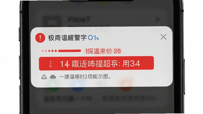 极简温度计提醒功能示意图,主体为手机通知弹窗,显示温度超标警告,布局居中排版醒目,风格警示性设计,细节包含红色高亮文字,画质高清无多余元素