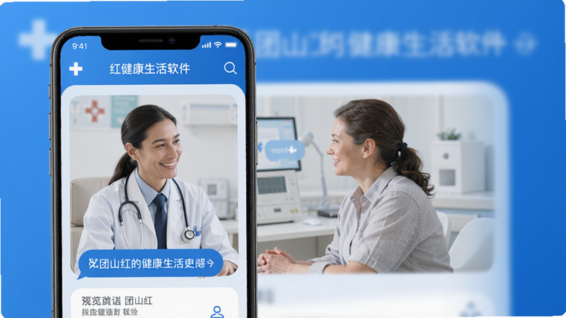 团山红健康生活软件 预览图, 手机界面展示, 蓝色医疗主题UI, 医生与患者沟通场景, 简洁现代风格, 高清晰度