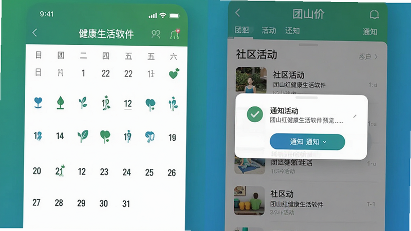 团山红健康生活软件 预览图, 日历界面展示, 社区活动列表, 通知弹窗设计, 绿色蓝色主题, 图标清晰, 简洁布局