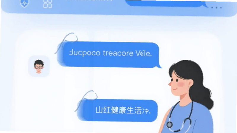 团山红健康生活软件 预览图, 聊天界面展示, 医患对话场景, 蓝色调UI, 简洁图标, 现代扁平设计, 无多余元素