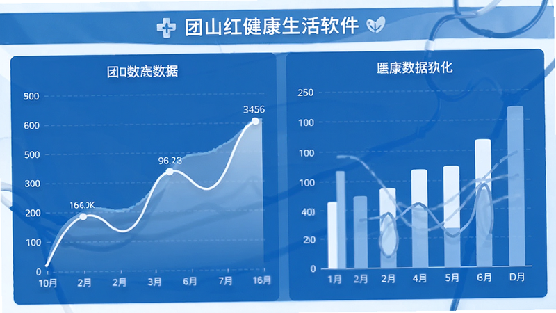 团山红健康生活软件 预览图, 数据图表展示, 折线图与柱状图, 医疗数据可视化, 蓝色白色配色, 清晰标签, 专业风格