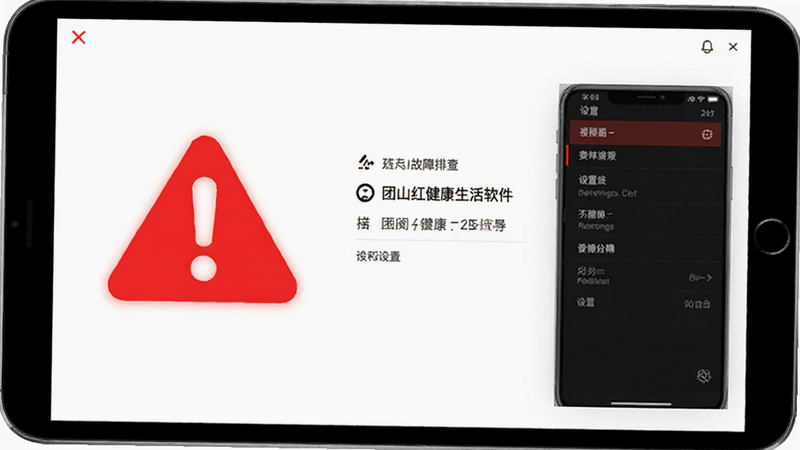 团山红健康生活软件 预览图, 故障排查界面, 红色警告图标, 设置菜单, 简洁白色背景, 清晰文字