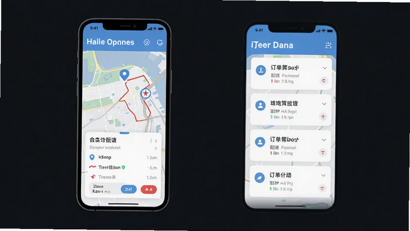 外卖配送众包帮手APP界面展示,主体为手机屏幕显示接单地图与订单列表,布局简洁清晰,排版采用扁平化UI设计,风格现代科技感,细节包含蓝色定位图标、红色导航路线、白色背景卡片,画质高清干净无多余元素