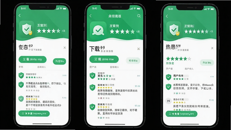 外卖配送众包帮手安全下载流程,主体为手机应用商店页面,布局显示下载按钮与评分,排版垂直,风格绿色安全标识,细节包含盾牌图标与用户评论,画质清晰无多余元素