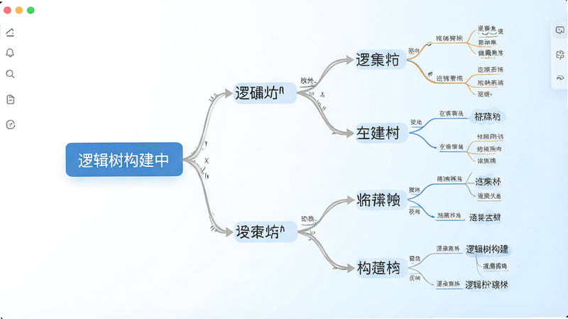 一棵树逻辑表达软件界面预览,展示清晰的思维导图结构,左侧为问题节点,右侧延伸出分支路径,背景为简洁的白色与淡蓝色渐变,风格极简现代,UI元素清晰可见,文字显示“逻辑树构建中”,无多余装饰,干净高清
