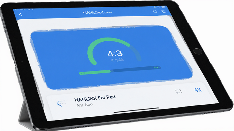 NANLINK For Pad app interface, tablet screen showing connection status, modern flat design, blue and white theme, clean layout, high quality, 4k