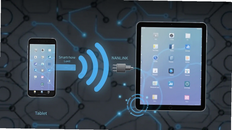 NANLINK For Pad cross-device connection diagram, smartphone linking to tablet, wireless signal visual, tech style, minimalistic