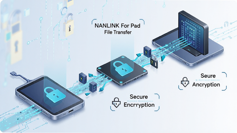 NANLINK For Pad file transfer process, data packets moving between devices, secure encryption visual, digital illustration