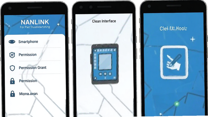 NANLINK For Pad troubleshooting steps, smartphone settings menu, permission grant, clean interface, vector art
