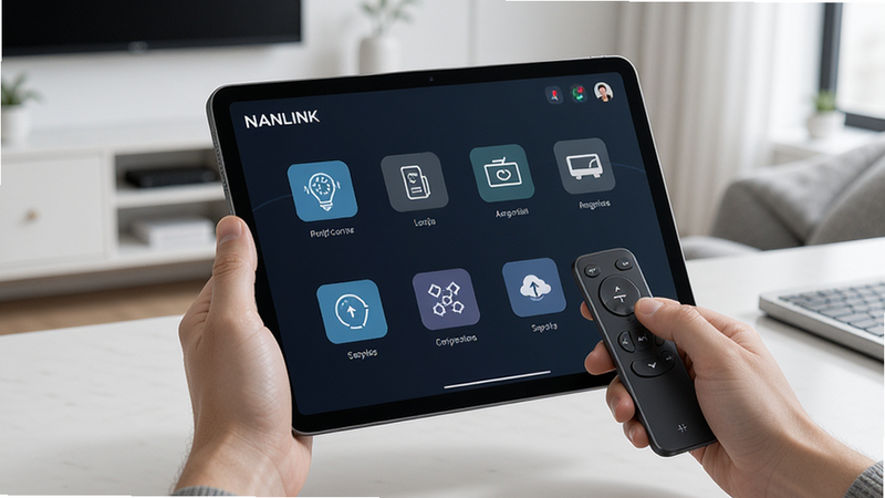 NANLINK For Pad smart control dashboard, tablet acting as remote control, IoT device icons, modern UI design