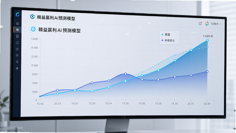 精益赢利Ai预测模型界面,主体为未来趋势曲线,布局全屏展示,排版大气,风格专业,细节包含时间轴,画质高清干净无多余元素