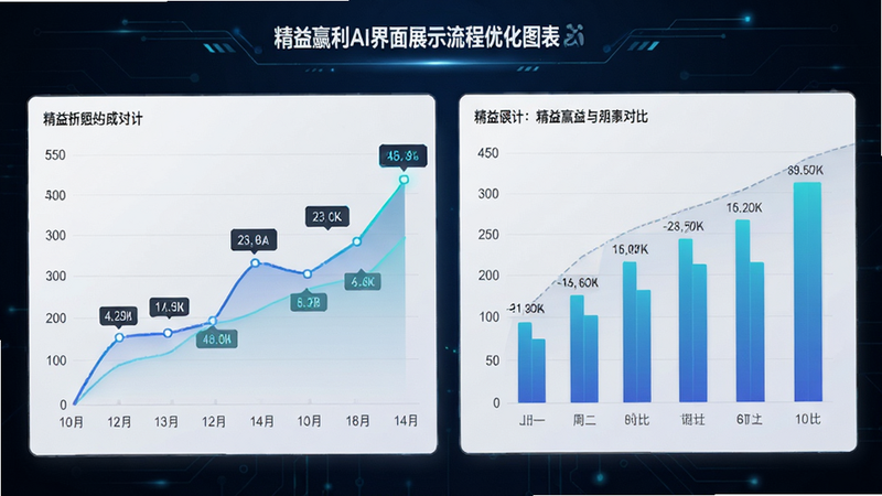 精益赢利Ai界面展示流程优化图表,主体为折线图与柱状图对比,布局左右结构,排版清晰,风格科技感,细节包含数据标签,画质高清干净无多余元素