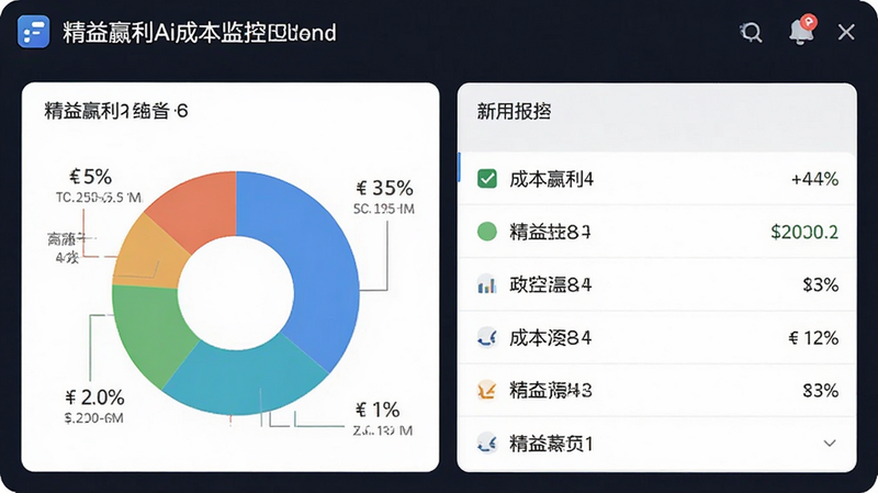 精益赢利Ai成本监控面板,主体为饼图与列表,布局上下结构,排版紧凑,风格简约,细节包含货币符号,画质高清干净无多余元素