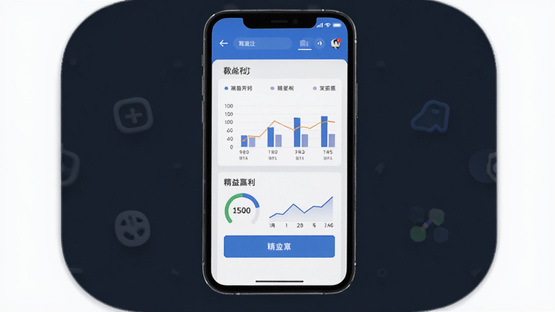 精益赢利Ai应用图标与界面截图,主体为手机屏幕显示数据仪表盘,布局居中,排版简洁,风格现代扁平化,细节包含图表和按钮,画质高清干净无多余元素