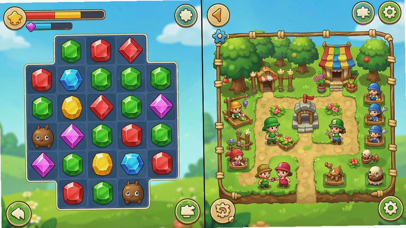 Boogu-Image style, gameplay screenshot showing match-3 gems on left and garden restoration map on right, clean UI, bright colors, high definition