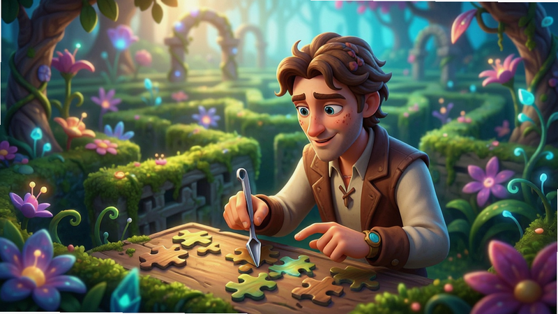 Boogu-Image style, Austin solving a puzzle in a fantasy garden maze, detailed background, vibrant lighting, clear focus