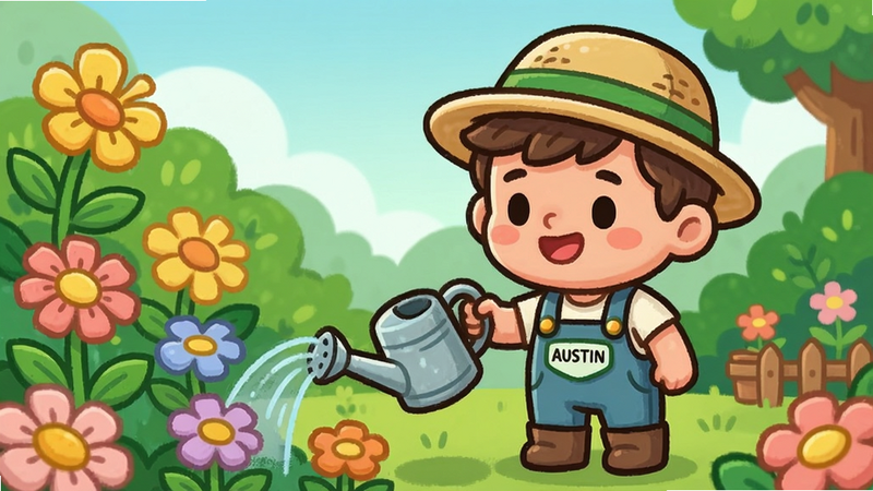 Boogu-Image style, a cute cartoon gardener character named Austin watering flowers in a lush green garden, bright colors, clear layout, high quality, no extra elements