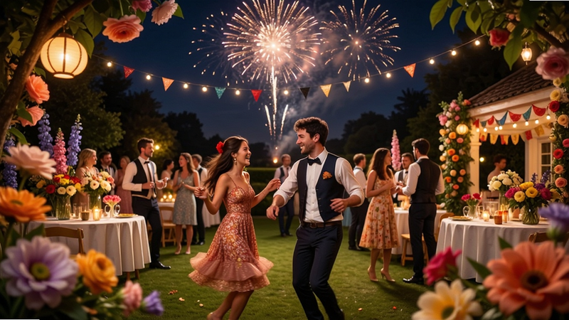 Boogu-Image style, festive garden party scene with fireworks and colorful flowers, dynamic composition, high detail