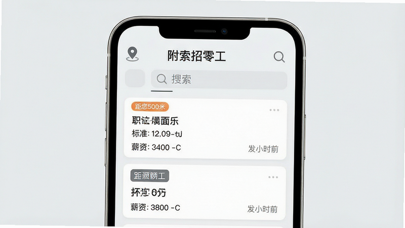 һ��չʾ���������㹤��APP������ĸ���UI���ͼ������Ϊ�ֻ���Ļ�����涥����ʾ��λͼ������������м��б�����չʾ������о����ǩ���硰����500�ס������㹤ְλ��Ƭ������ְλ���ơ�н�ʱ�׼�ͷ���ʱ�䣬����Ϊǳ��ɫ�����񣬲������룬�����������޶���װ��Ԫ�أ�8k�ֱ��ʣ��ɾ�����ˮӡ