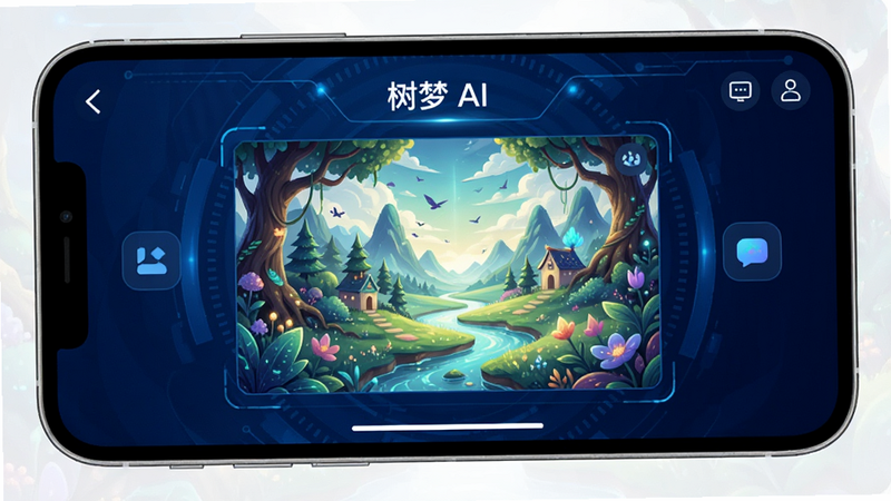 一张展示手机屏幕的界面图,屏幕中显示着树梦APP的主界面,中间有一张正在生成的精美风景插画,背景为深蓝色科技风,界面元素清晰,文字显示“树梦 AI”,画质高清,无多余装饰