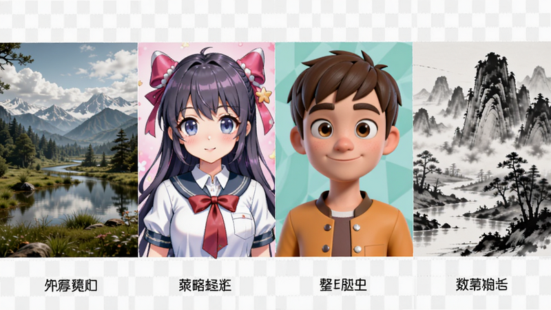 展示四种不同风格的同一主题生成对比图,从左到右分别是写实风景、动漫少女、3D卡通、水墨山水,背景为白色网格,每张图片下方标注风格名称,布局整齐,色彩鲜明,高清细节