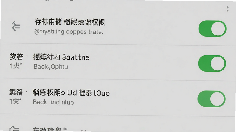 手机设置界面,显示存储权限和后台弹出界面权限的开关状态,开关为绿色开启状态,背景为安卓设置菜单,简洁清晰