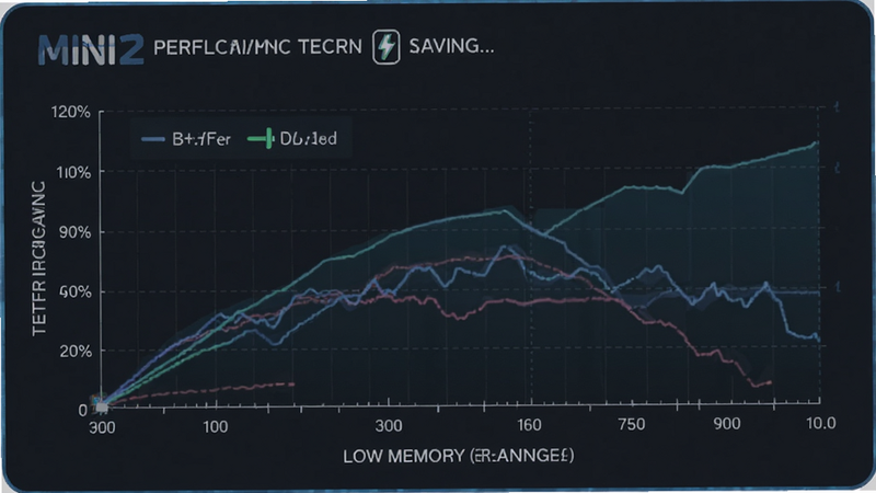 mini2 performance graph, low memory usage, battery saving icon, technical chart, clean data visualization, modern style