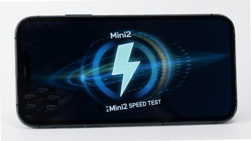 mini2 speed test, lightning bolt icon, fast loading animation, smartphone screen, dynamic effect, clean background