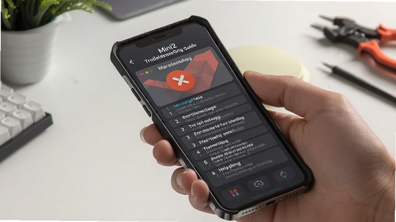 mini2 troubleshooting guide, smartphone with error message, help icon, clean UI, step-by-step list, modern flat style