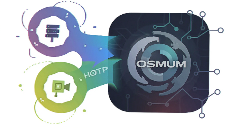 Graphic showing TOTP and HOTP icons merging into a single app icon, Osmium logo in center, modern flat design, colorful accents, tech illustration