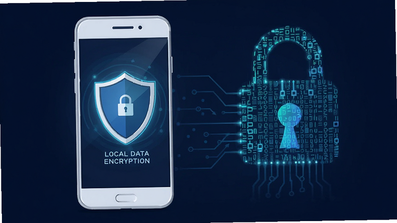 Illustration of a smartphone with a shield icon, representing local data encryption, dark blue background, abstract digital lock, secure technology concept, clean vector art