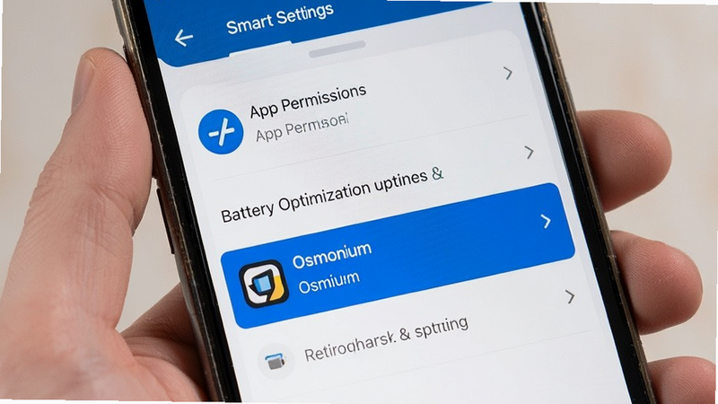 Smartphone settings interface showing app permissions and battery optimization options, highlighting Osmium app, clean UI, instructional style, high definition