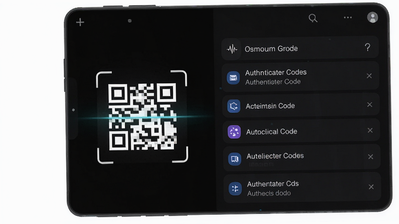 Osmium app interface screenshot, dark mode, minimalist design, displaying QR code scanner and list of active authenticator codes, clean layout, high resolution, professional UI design