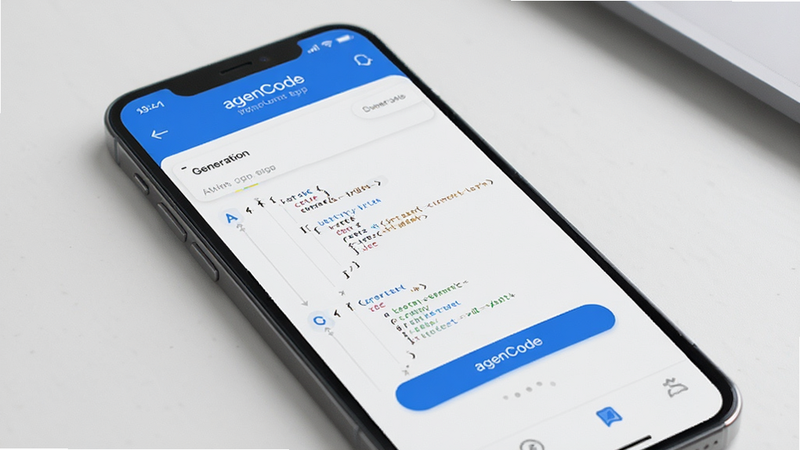 AgenCode app interface showing code generation screen, clean UI, blue and white theme, smartphone mockup, high quality, realistic style, no extra elements