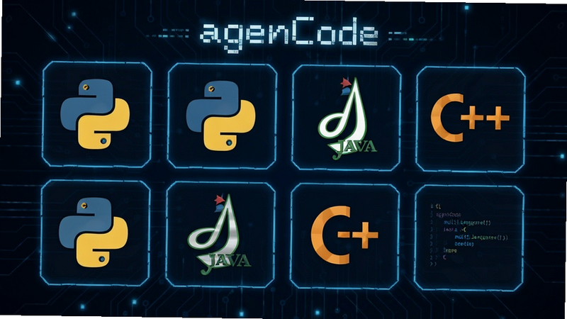 AgenCode multi-language support, icons of Python, Java, C++ logos, organized grid layout, clean background, tech style
