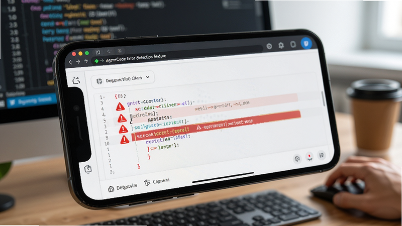 AgenCode error detection feature, red warning icons on code lines, debugging interface, smartphone screen, detailed UI