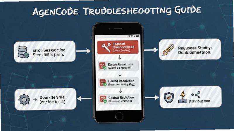 AgenCode troubleshooting guide, smartphone screen showing error resolution steps, clean infographic style